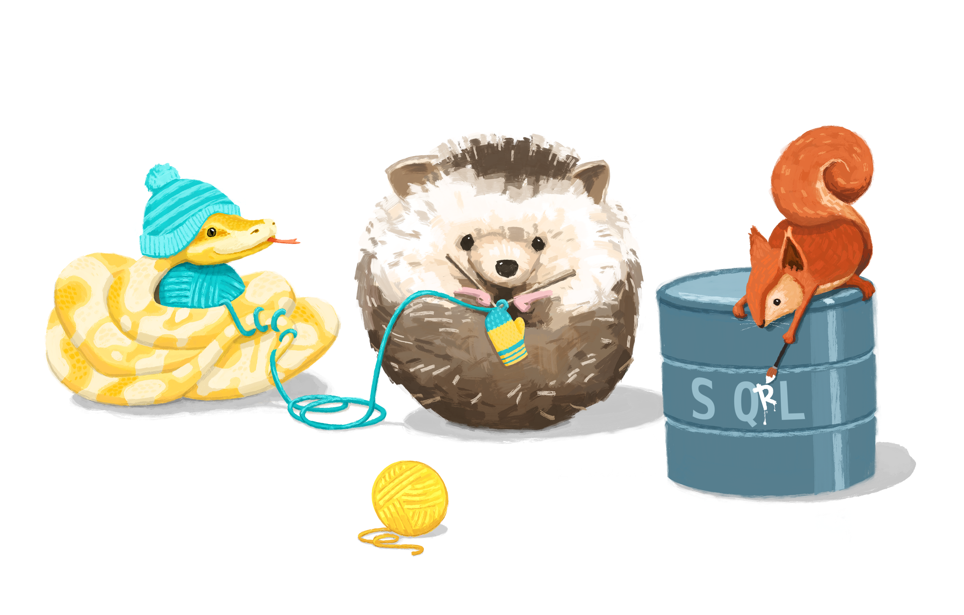 A friendly yellow python in a teal beanie helpfully holds a ball of yarn, which is being used by a round hedgehog to knit a teal and yellow mitten. A squirrel on a drum labeled 'SQL' paints an 'R' to make it read 'SQ(R)L' (which may be read as 'squirrel'). The goal is to show Python, R, and SQL together in polyglot workflows facilitated by R Markdown / Quarto.